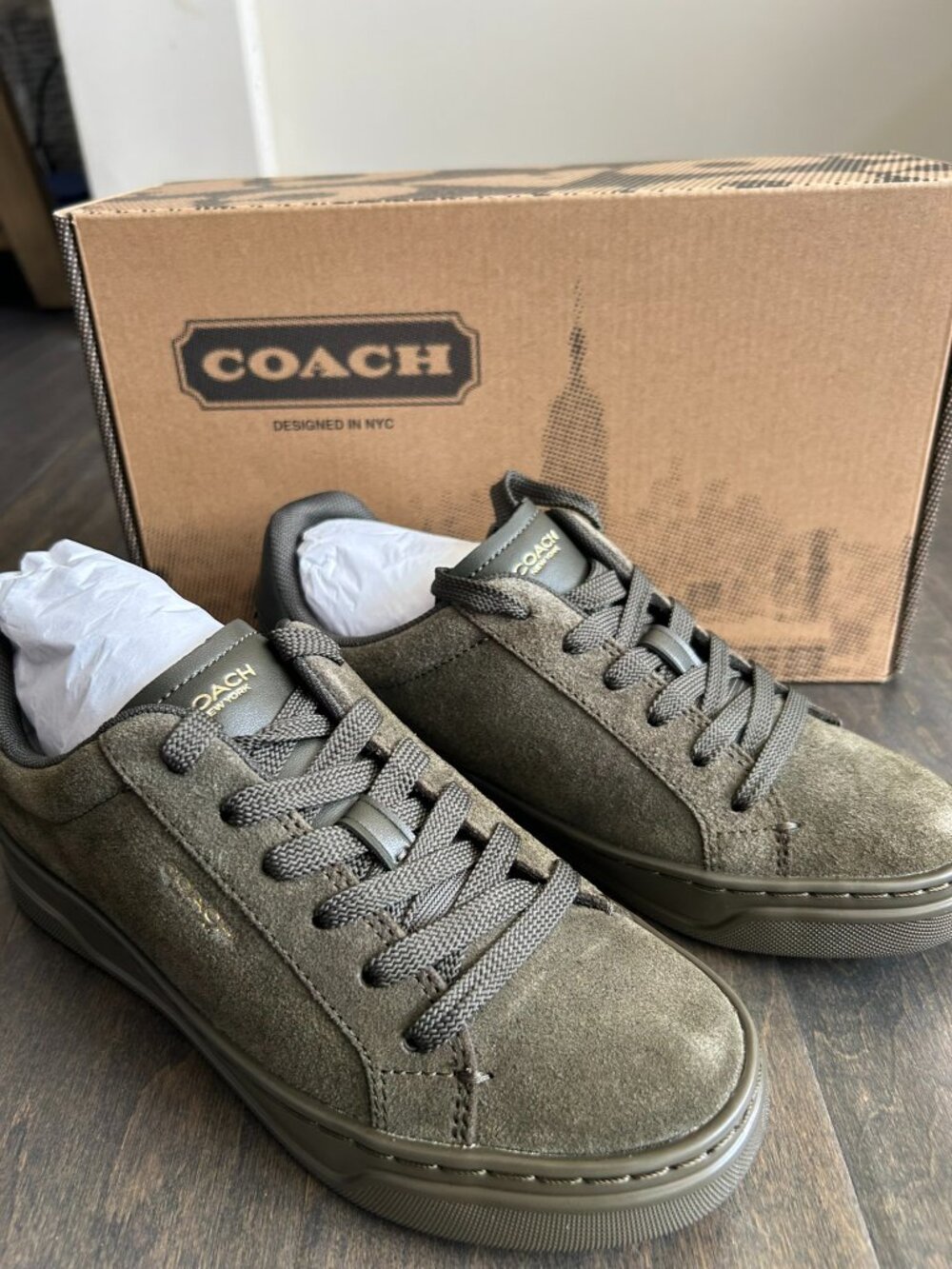 Coach High Line Suede Leather Sneakers Olive Lace Up Shoes Women's Size 5 NIB - Picture 4 of 9